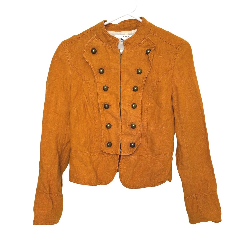 VTG Zara 100% Linen Military Jacket M Orange Napoleonic Band Blazer Boho rare